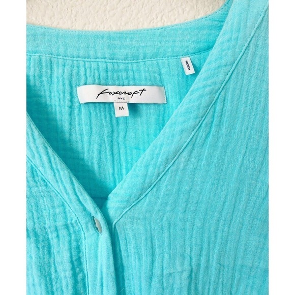 Foxcroft Womens Size Medium Textured Cotton Button Front Aqua Ruched Sleeve Blue - Picture 3 of 6